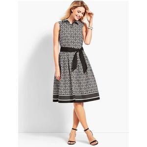 Talbots Mrs. Maisel Black Geo Diamond Sleeveless Belted Knee Shirtdress Size 8